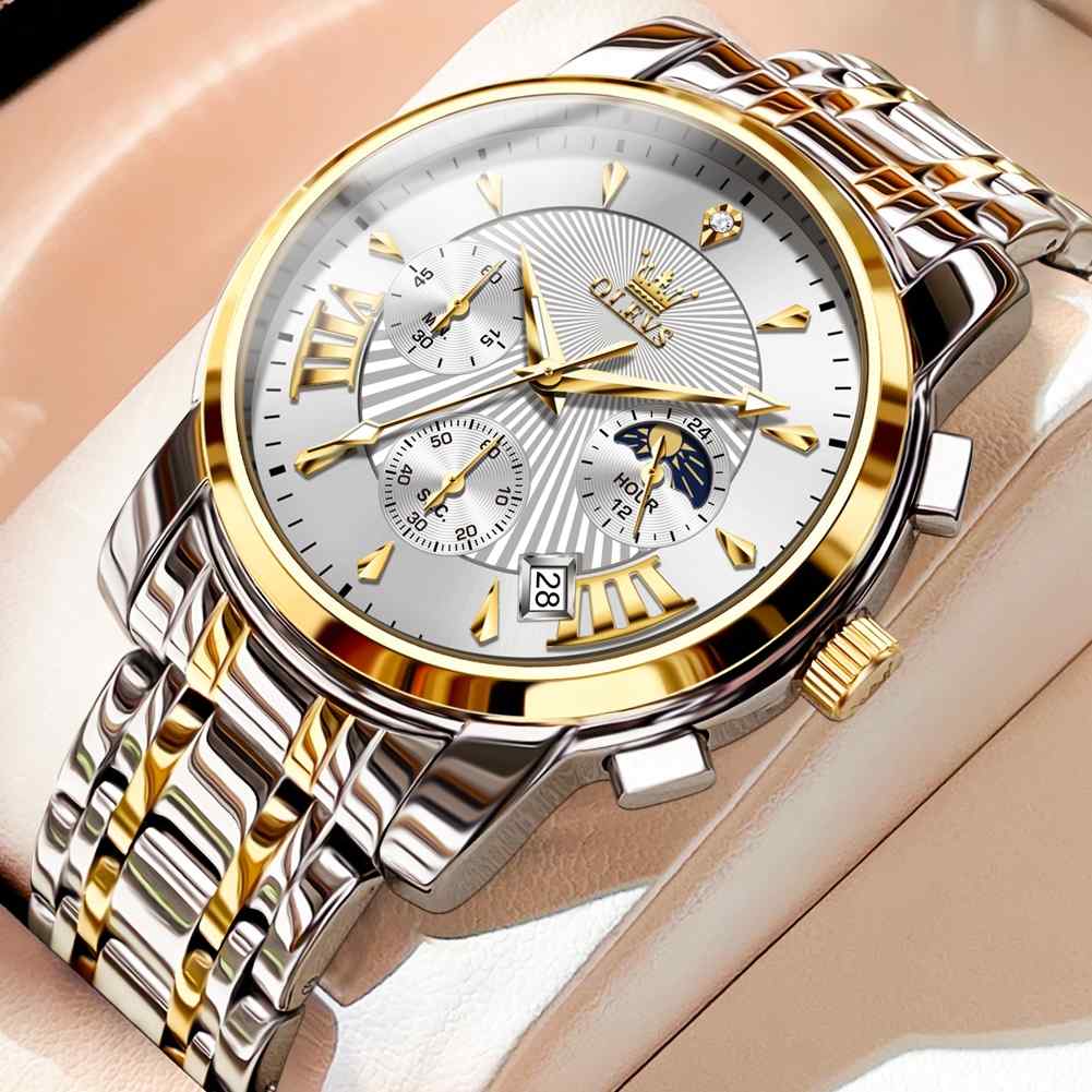 olevs new vintage silver and gold color watch for men – ol2892m-4
